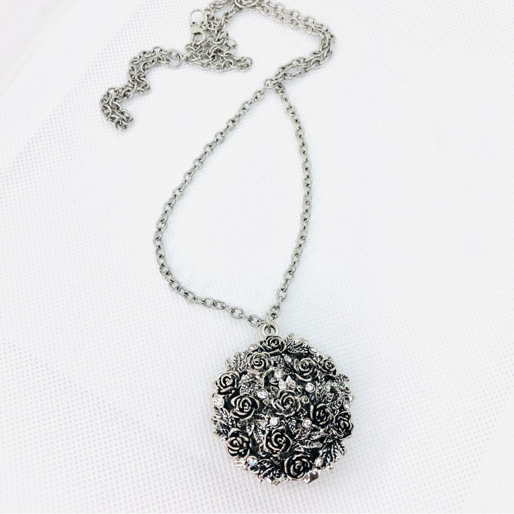 Silvertone Rose Flower Carved Pendant Boho Necklace 40"